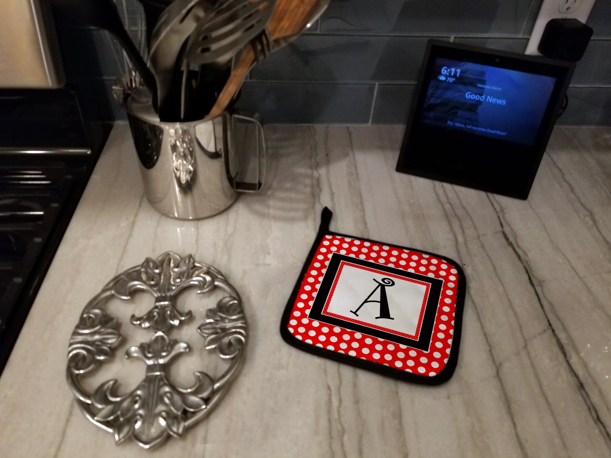 Letter A Monogram - Red and Black Polka Dots Pot Holder Set of 2 Heat Resistant Quilted Hot Pads 7.5 x 7.5 Inch, Insulated Kitchen Trivets for Cooking & Baking