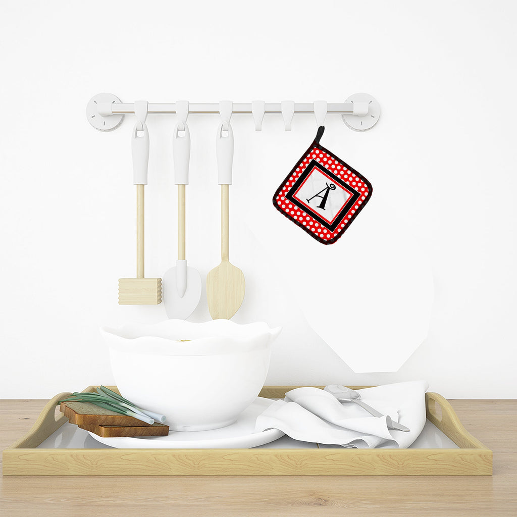 Letter A Monogram - Red and Black Polka Dots Pot Holder Set of 2 Heat Resistant Quilted Hot Pads 7.5 x 7.5 Inch, Insulated Kitchen Trivets for Cooking & Baking