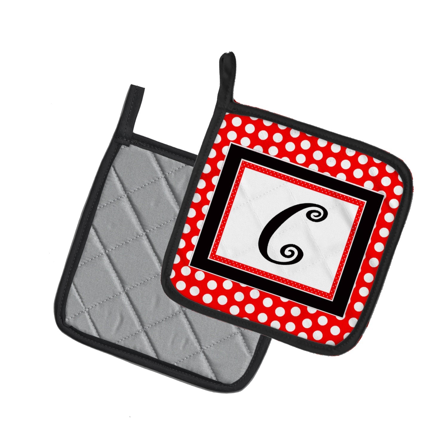 Letter C Initial  - Red Black Polka Dots Pot Holder Set of 2 Heat Resistant Quilted Hot Pads 7.5 x 7.5 Inch, Insulated Kitchen Trivets for Cooking & Baking