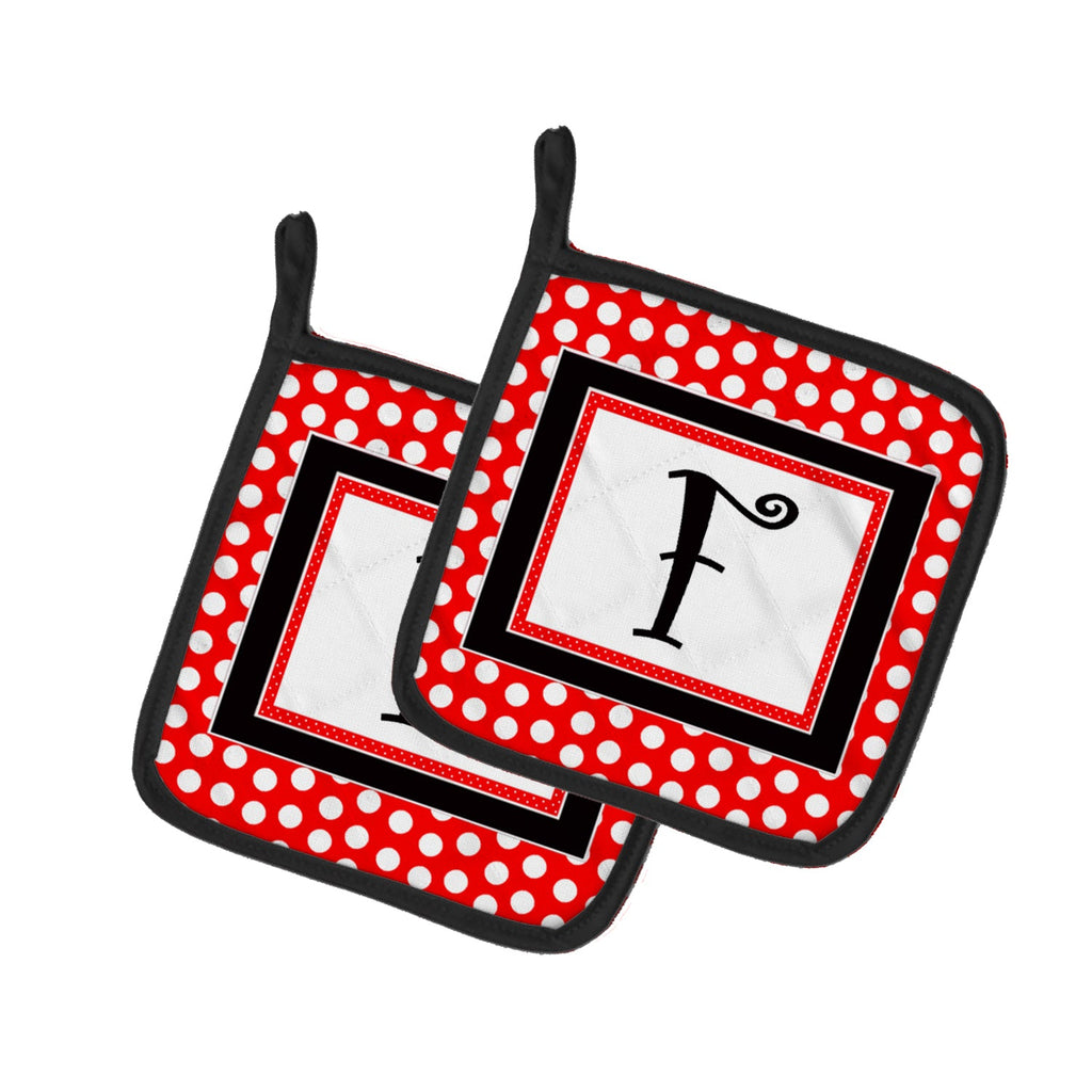 Letter F Initial  - Red Black Polka Dots Pot Holder Set of 2 Heat Resistant Quilted Hot Pads 7.5 x 7.5 Inch, Insulated Kitchen Trivets for Cooking & Baking