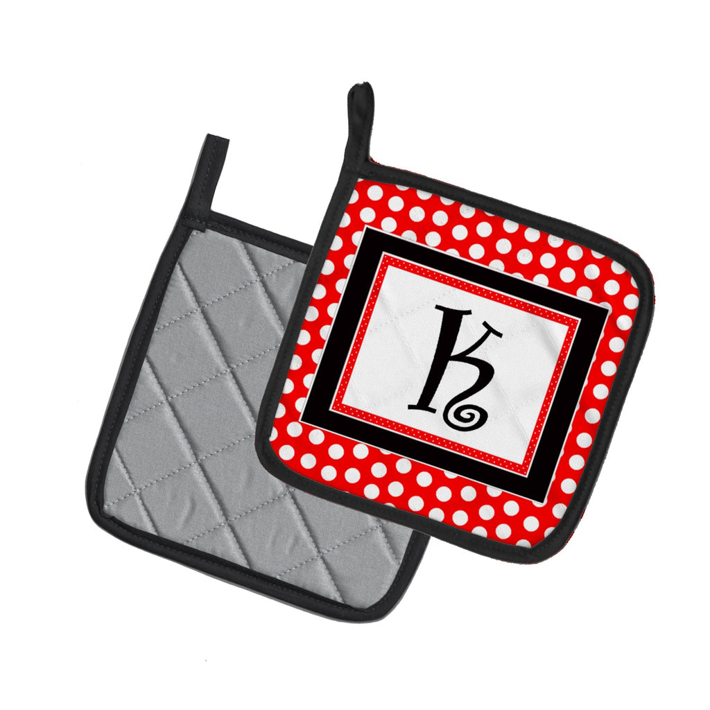 Letter K Initial  - Red Black Polka Dots Pot Holder Set of 2 Heat Resistant Quilted Hot Pads 7.5 x 7.5 Inch, Insulated Kitchen Trivets for Cooking & Baking