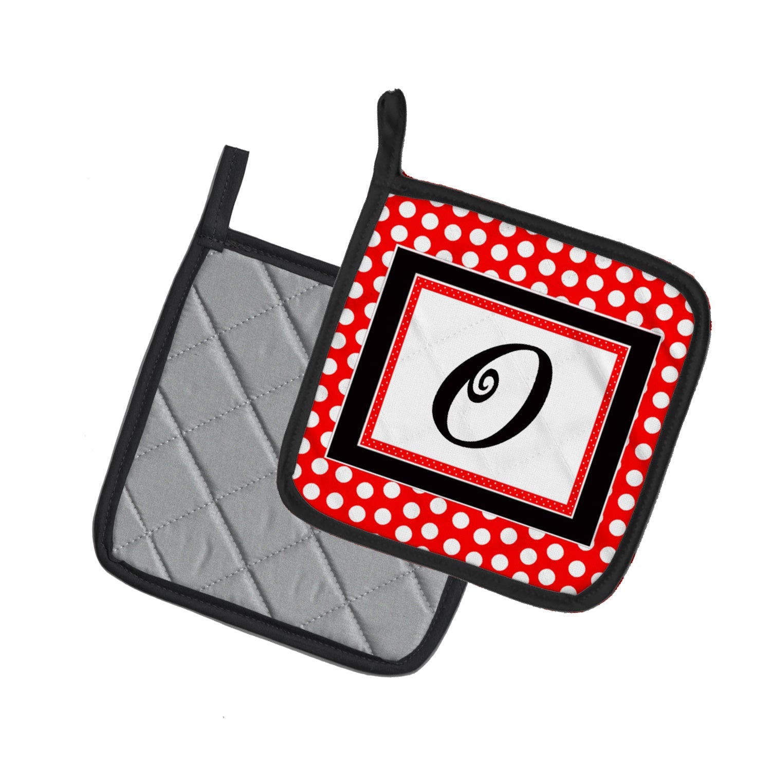Letter O Initial  - Red Black Polka Dots Pot Holder Set of 2 Heat Resistant Quilted Hot Pads 7.5 x 7.5 Inch, Insulated Kitchen Trivets for Cooking & Baking