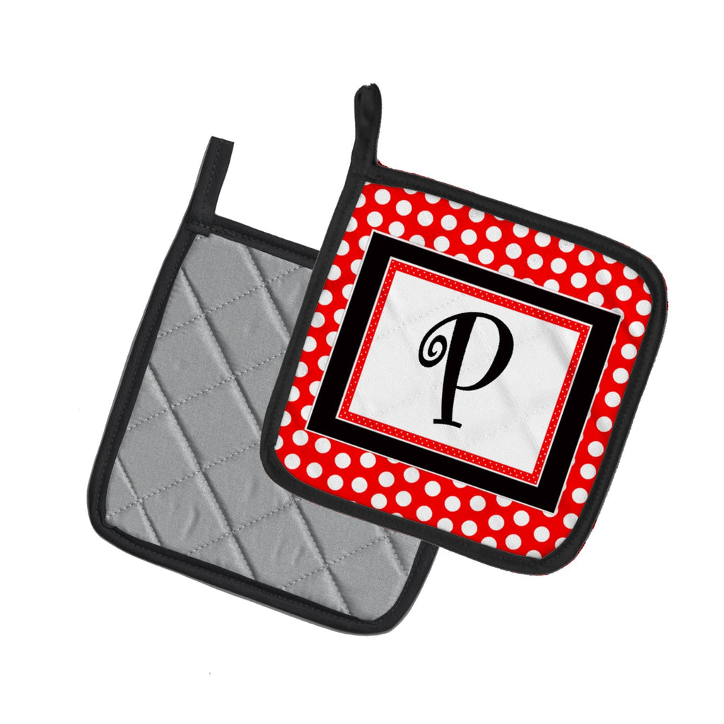 Letter P Initial  - Red Black Polka Dots Pot Holder Set of 2 Heat Resistant Quilted Hot Pads 7.5 x 7.5 Inch, Insulated Kitchen Trivets for Cooking & Baking