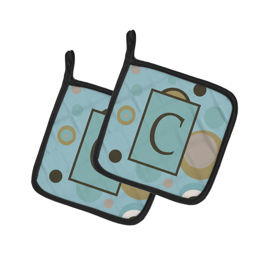 Letter C Initial Monogram - Blue Dots Pot Holder Set of 2 Heat Resistant Quilted Hot Pads 7.5 x 7.5 Inch, Insulated Kitchen Trivets for Cooking & Baking