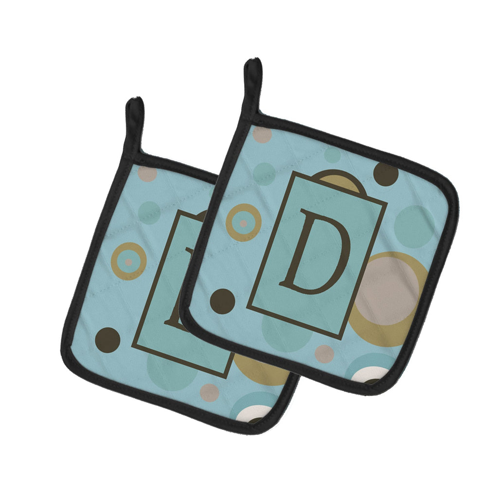 Letter D Initial Monogram - Blue Dots Pot Holder Set of 2 Heat Resistant Quilted Hot Pads 7.5 x 7.5 Inch, Insulated Kitchen Trivets for Cooking & Baking
