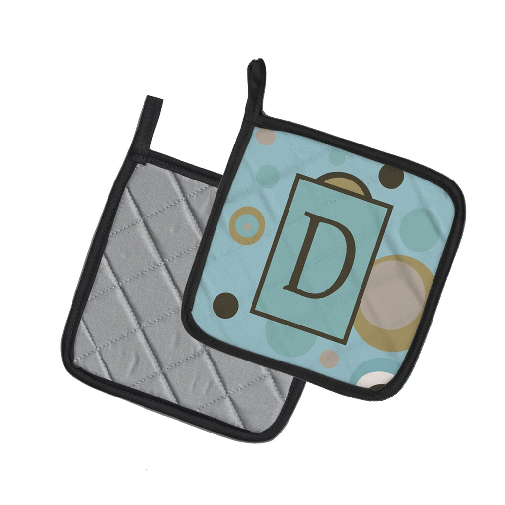 Letter D Initial Monogram - Blue Dots Pot Holder Set of 2 Heat Resistant Quilted Hot Pads 7.5 x 7.5 Inch, Insulated Kitchen Trivets for Cooking & Baking