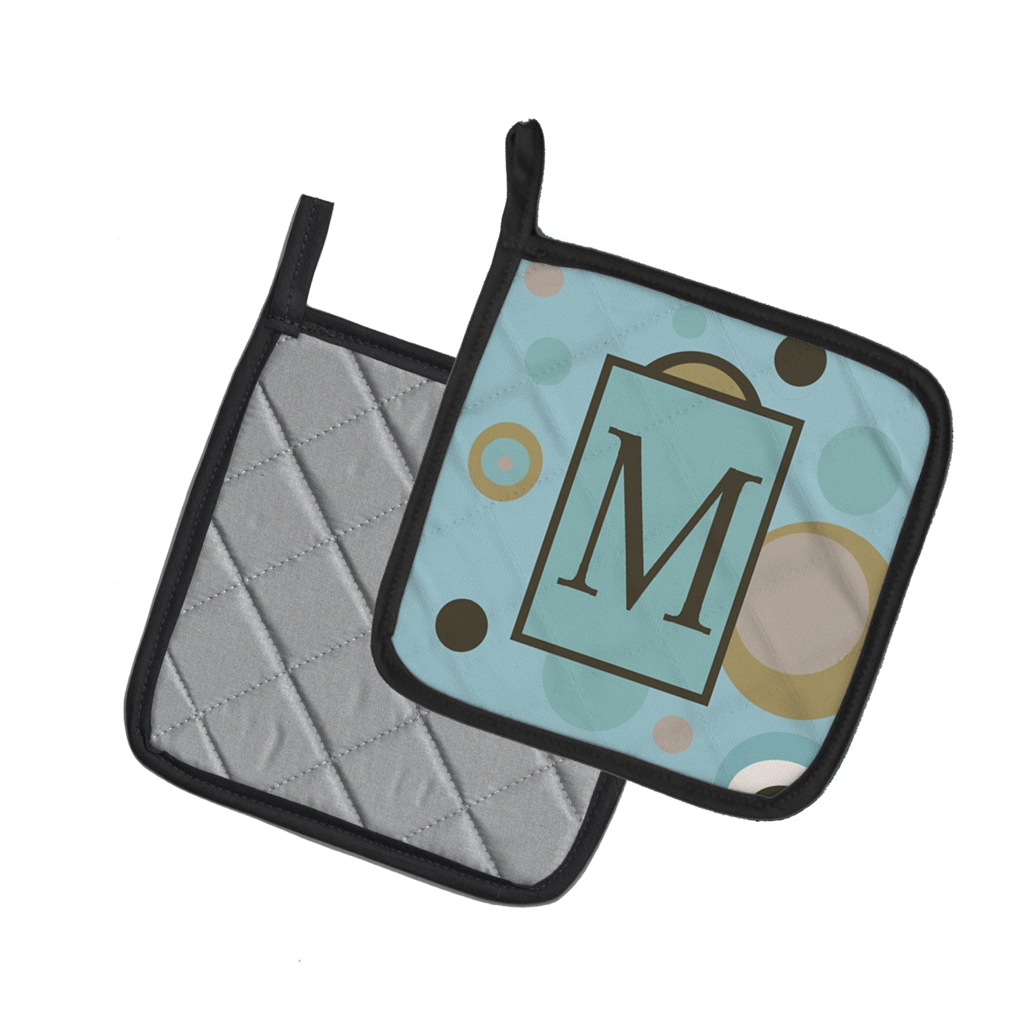 Letter M Initial Monogram - Blue Dots Pot Holder Set of 2 Heat Resistant Quilted Hot Pads 7.5 x 7.5 Inch, Insulated Kitchen Trivets for Cooking & Baking