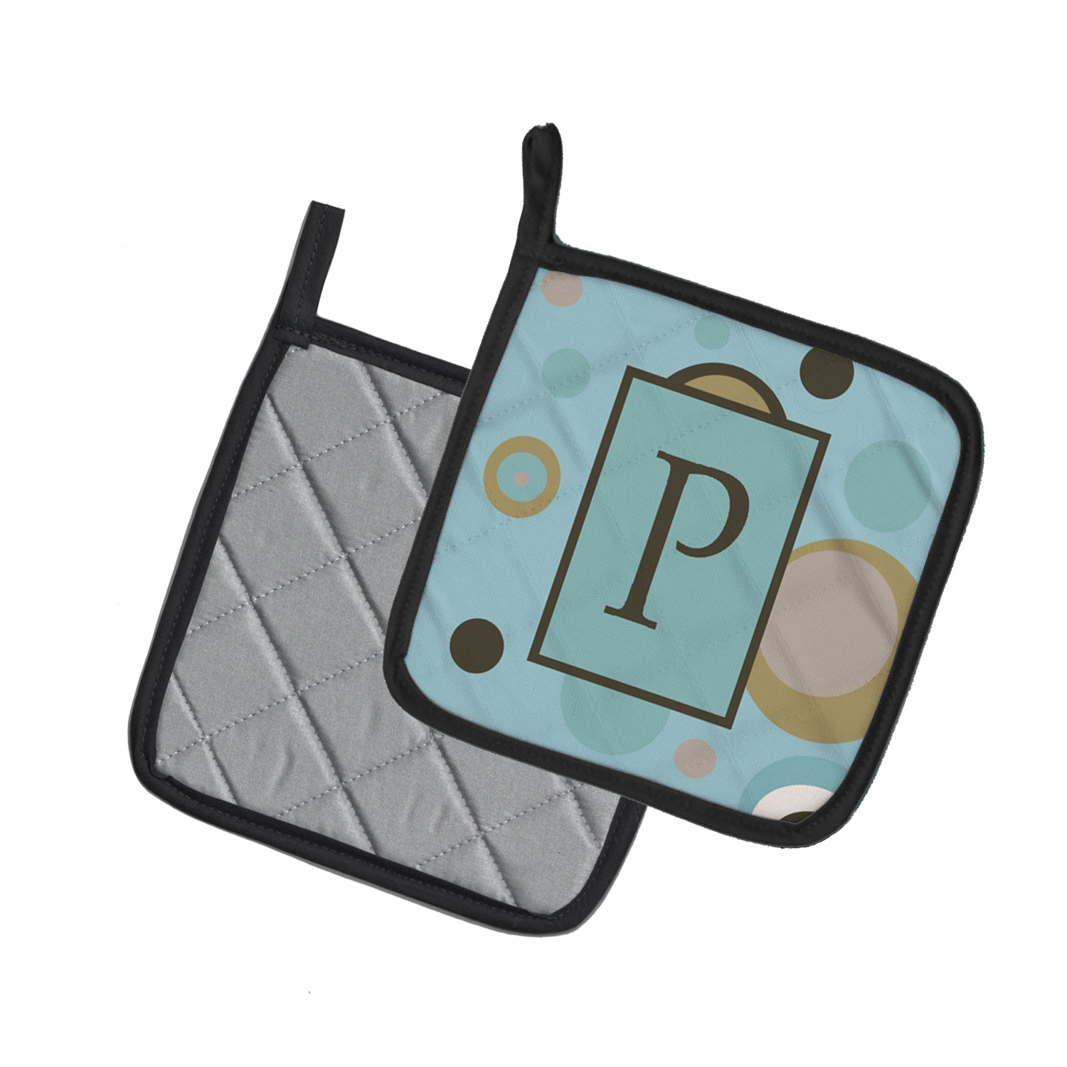 Letter P Initial Monogram - Blue Dots Pot Holder Set of 2 Heat Resistant Quilted Hot Pads 7.5 x 7.5 Inch, Insulated Kitchen Trivets for Cooking & Baking