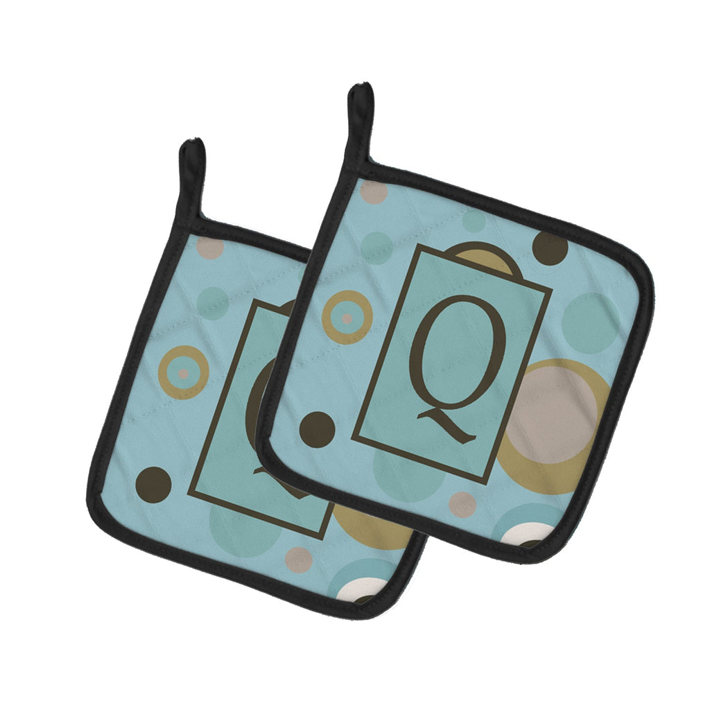 Letter Q Initial Monogram - Blue Dots Pot Holder Set of 2 Heat Resistant Quilted Hot Pads 7.5 x 7.5 Inch, Insulated Kitchen Trivets for Cooking & Baking