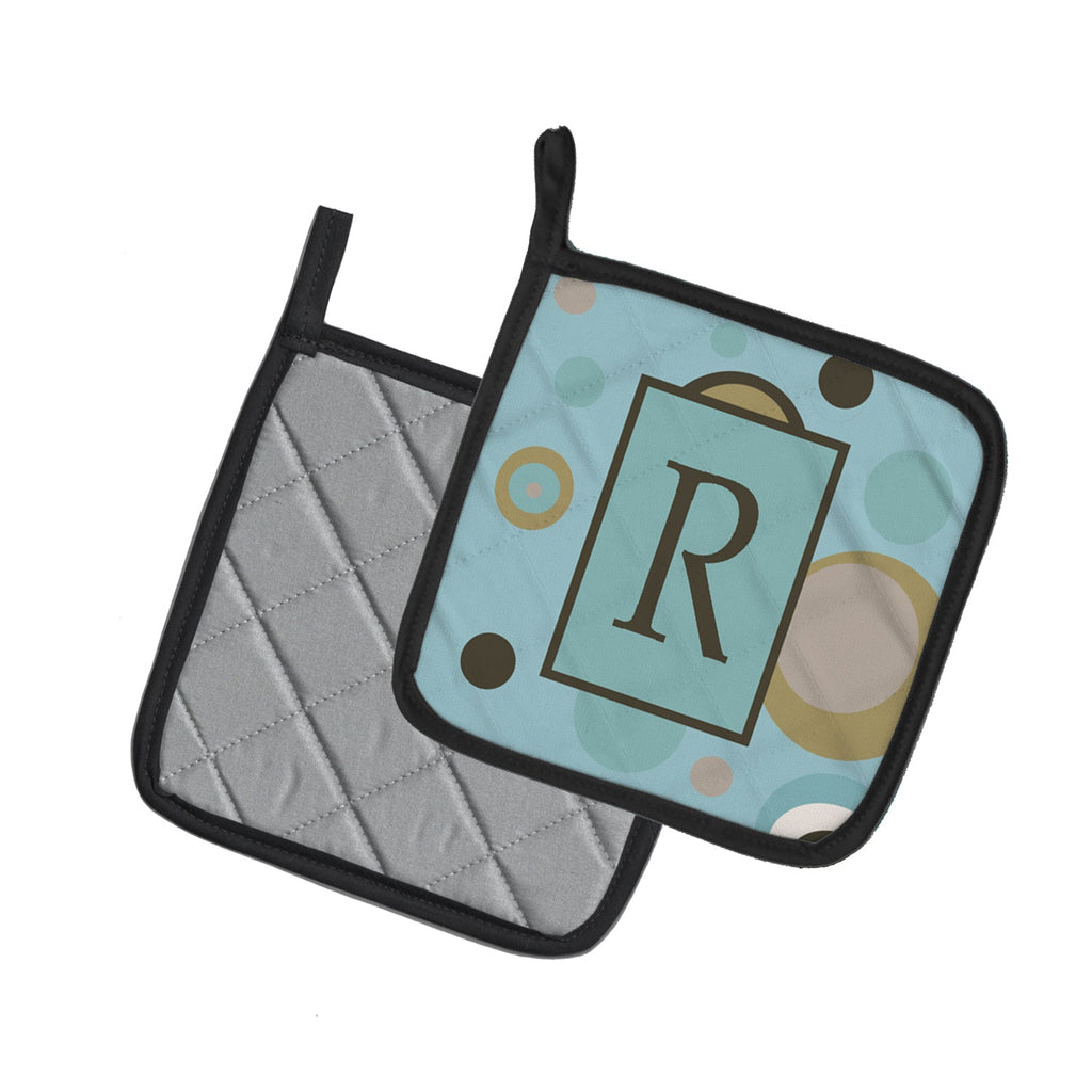 Letter R Initial Monogram - Blue Dots Pot Holder Set of 2 Heat Resistant Quilted Hot Pads 7.5 x 7.5 Inch, Insulated Kitchen Trivets for Cooking & Baking