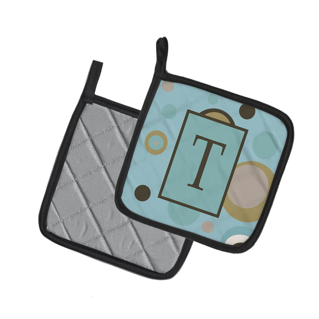 Letter T Initial Monogram - Blue Dots Pot Holder Set of 2 Heat Resistant Quilted Hot Pads 7.5 x 7.5 Inch, Insulated Kitchen Trivets for Cooking & Baking