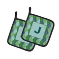 Letter J Initial Monogram - Blue Argoyle Pot Holder Set of 2 Heat Resistant Quilted Hot Pads 7.5 x 7.5 Inch, Insulated Kitchen Trivets for Cooking & Baking