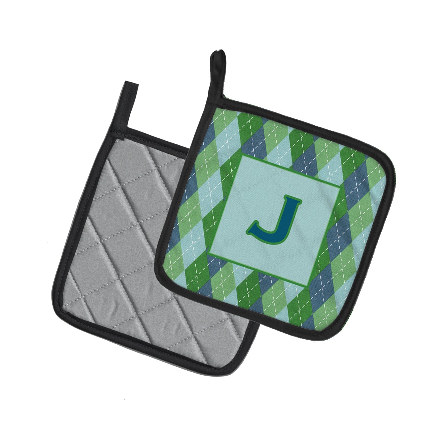 Letter J Initial Monogram - Blue Argoyle Pot Holder Set of 2 Heat Resistant Quilted Hot Pads 7.5 x 7.5 Inch, Insulated Kitchen Trivets for Cooking & Baking