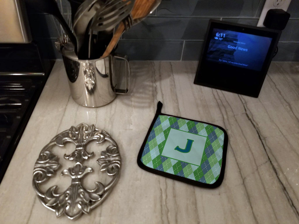 Letter J Initial Monogram - Blue Argoyle Pot Holder Set of 2 Heat Resistant Quilted Hot Pads 7.5 x 7.5 Inch, Insulated Kitchen Trivets for Cooking & Baking