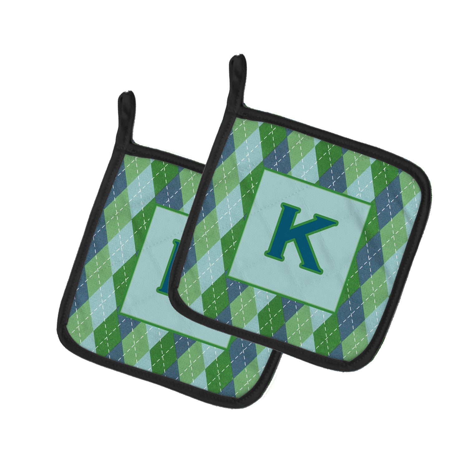 Letter K Initial Monogram - Blue Argoyle Pot Holder Set of 2 Heat Resistant Quilted Hot Pads 7.5 x 7.5 Inch, Insulated Kitchen Trivets for Cooking & Baking