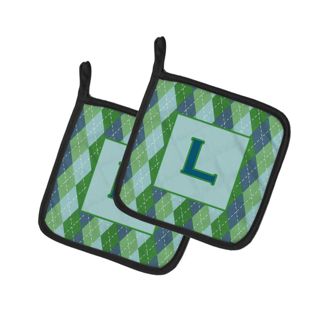 Letter L Initial Monogram - Blue Argoyle Pot Holder Set of 2 Heat Resistant Quilted Hot Pads 7.5 x 7.5 Inch, Insulated Kitchen Trivets for Cooking & Baking