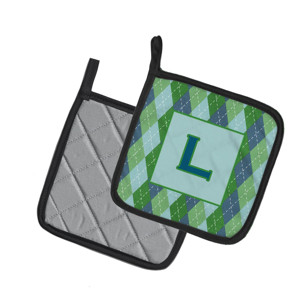 Letter L Initial Monogram - Blue Argoyle Pot Holder Set of 2 Heat Resistant Quilted Hot Pads 7.5 x 7.5 Inch, Insulated Kitchen Trivets for Cooking & Baking