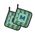 Letter M Initial Monogram - Blue Argoyle Pot Holder Set of 2 Heat Resistant Quilted Hot Pads 7.5 x 7.5 Inch, Insulated Kitchen Trivets for Cooking & Baking