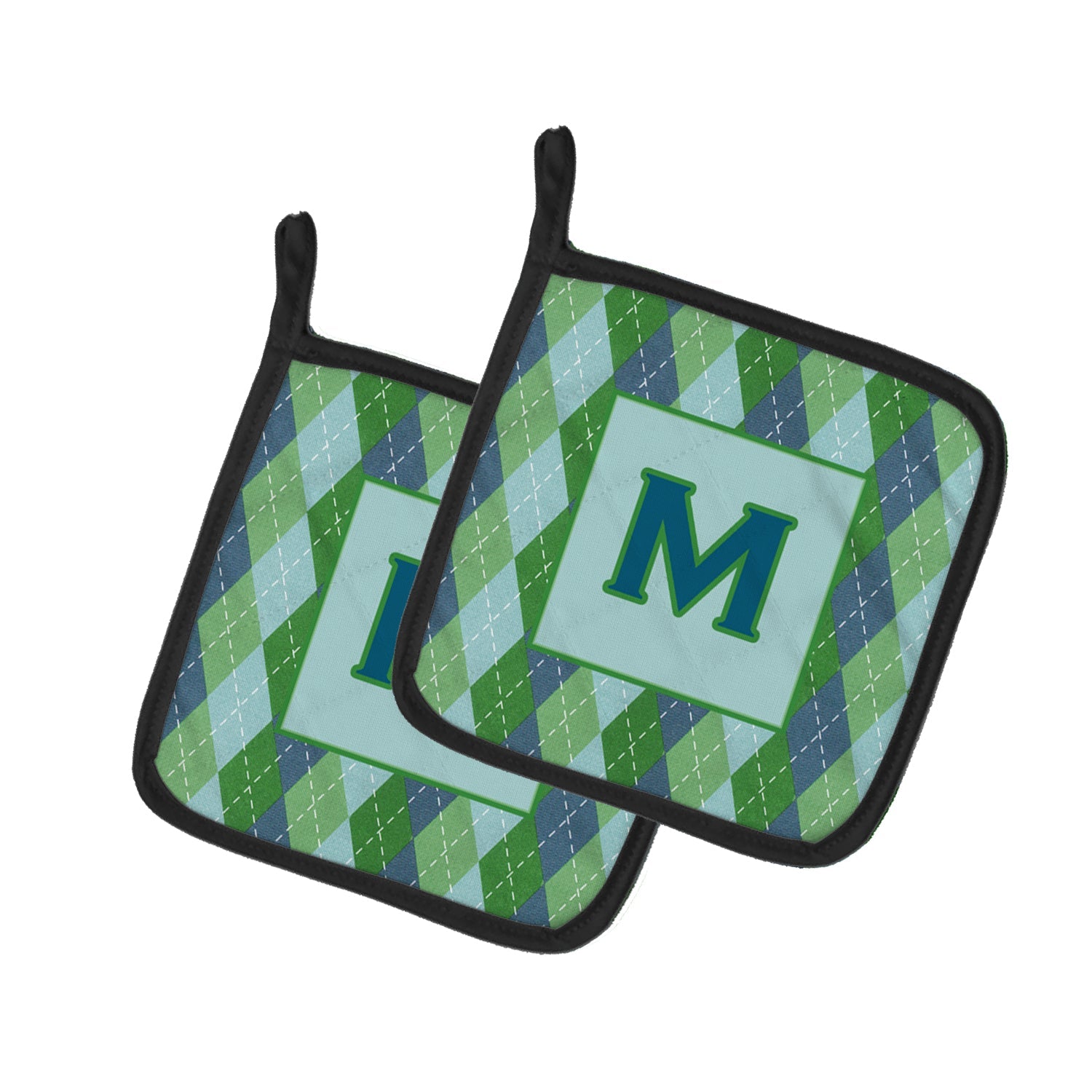 Letter M Initial Monogram - Blue Argoyle Pot Holder Set of 2 Heat Resistant Quilted Hot Pads 7.5 x 7.5 Inch, Insulated Kitchen Trivets for Cooking & Baking