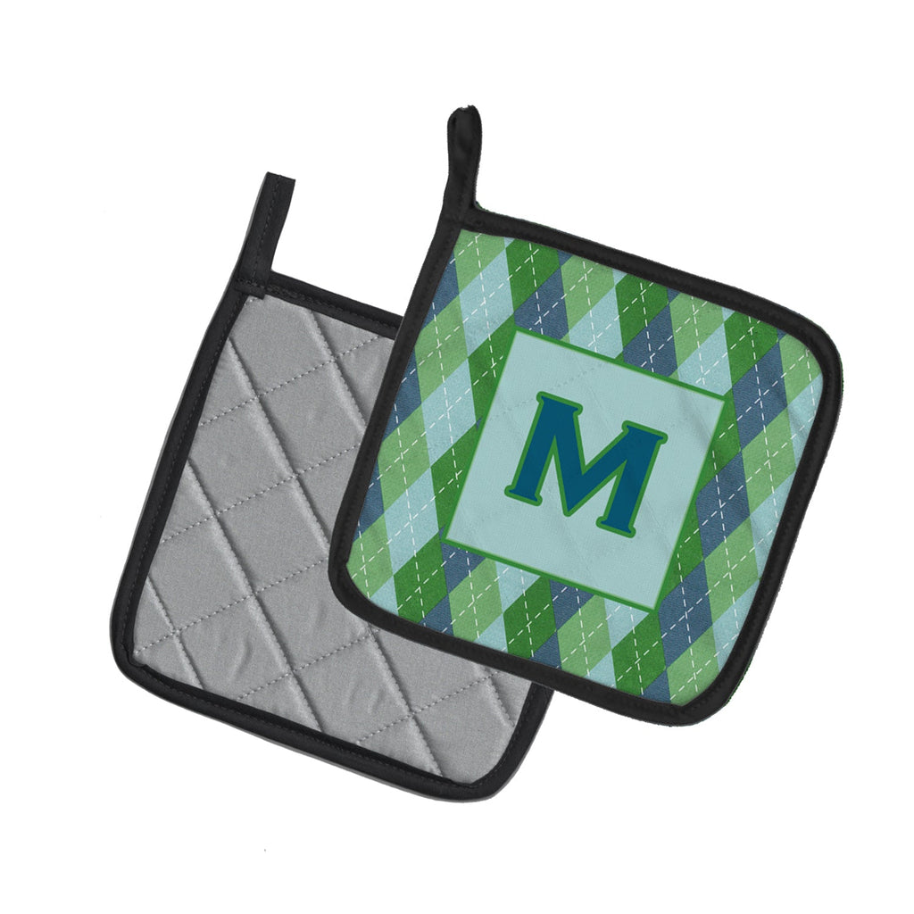 Letter M Initial Monogram - Blue Argoyle Pot Holder Set of 2 Heat Resistant Quilted Hot Pads 7.5 x 7.5 Inch, Insulated Kitchen Trivets for Cooking & Baking