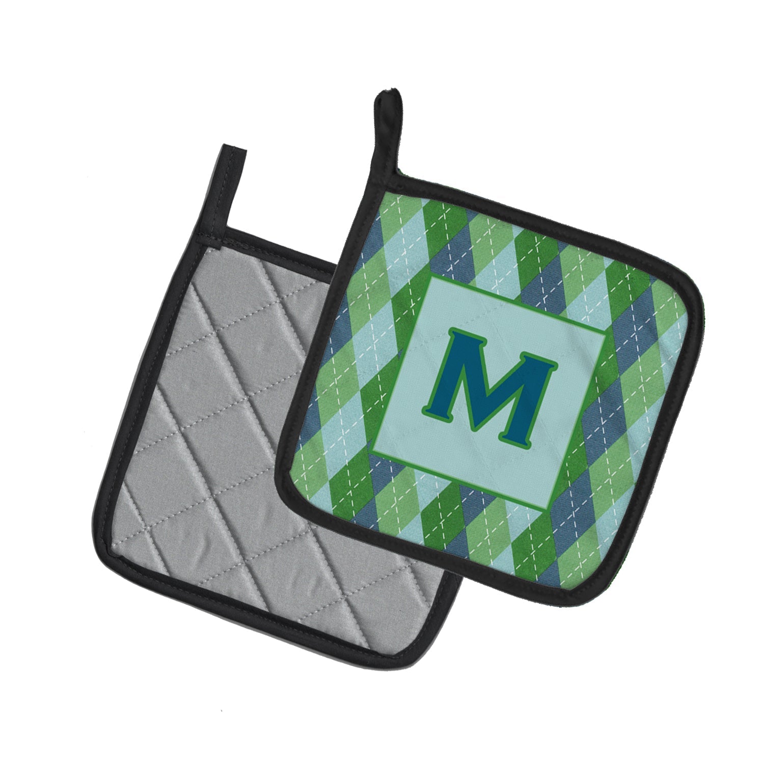 Letter M Initial Monogram - Blue Argoyle Pot Holder Set of 2 Heat Resistant Quilted Hot Pads 7.5 x 7.5 Inch, Insulated Kitchen Trivets for Cooking & Baking