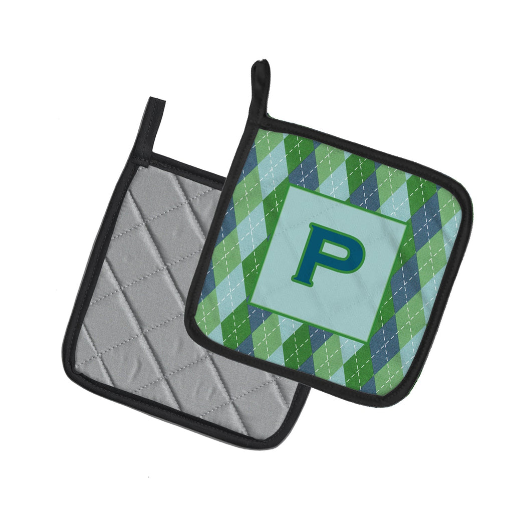 Letter P Initial Monogram - Blue Argoyle Pot Holder Set of 2 Heat Resistant Quilted Hot Pads 7.5 x 7.5 Inch, Insulated Kitchen Trivets for Cooking & Baking