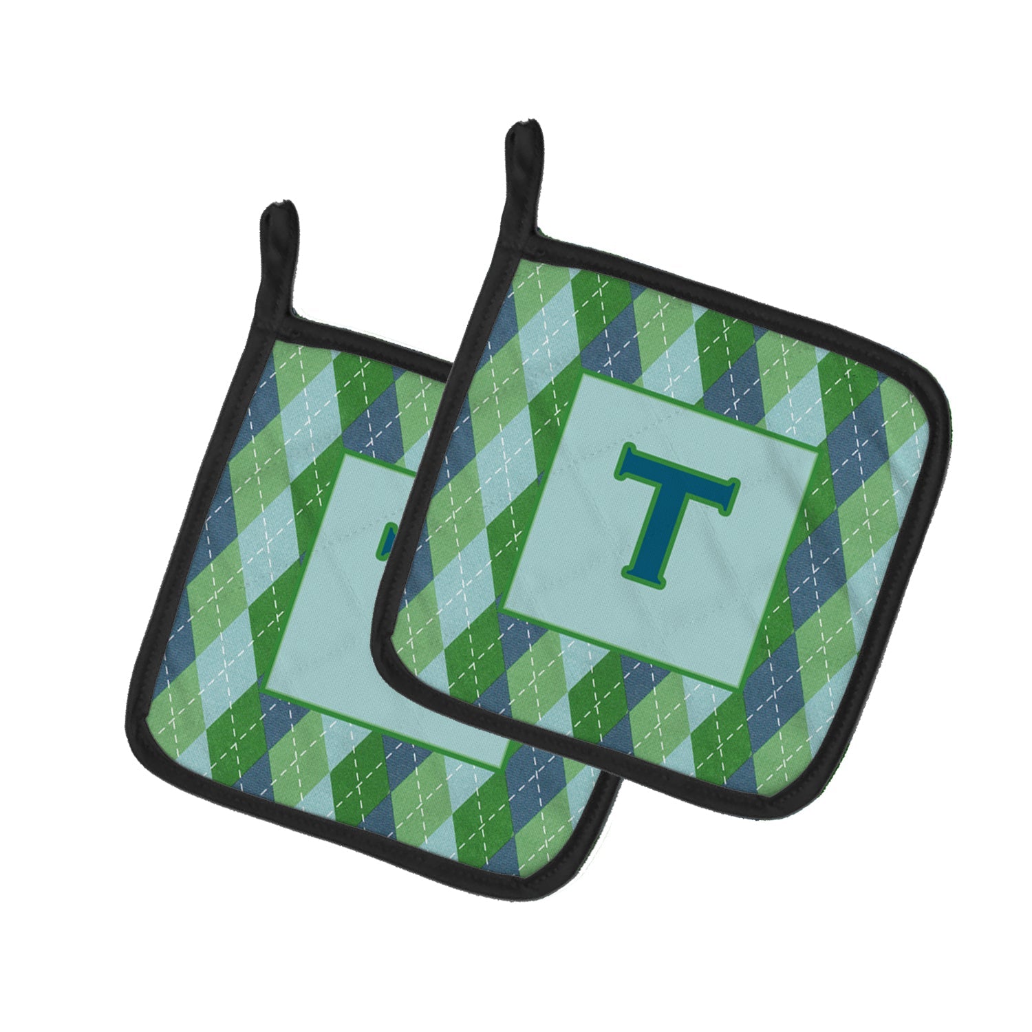 Letter T Initial Monogram - Blue Argoyle Pot Holder Set of 2 Heat Resistant Quilted Hot Pads 7.5 x 7.5 Inch, Insulated Kitchen Trivets for Cooking & Baking