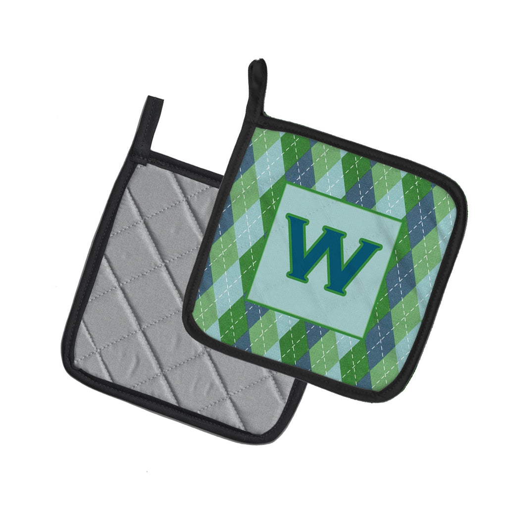 Letter W Initial Monogram - Blue Argoyle Pot Holder Set of 2 Heat Resistant Quilted Hot Pads 7.5 x 7.5 Inch, Insulated Kitchen Trivets for Cooking & Baking