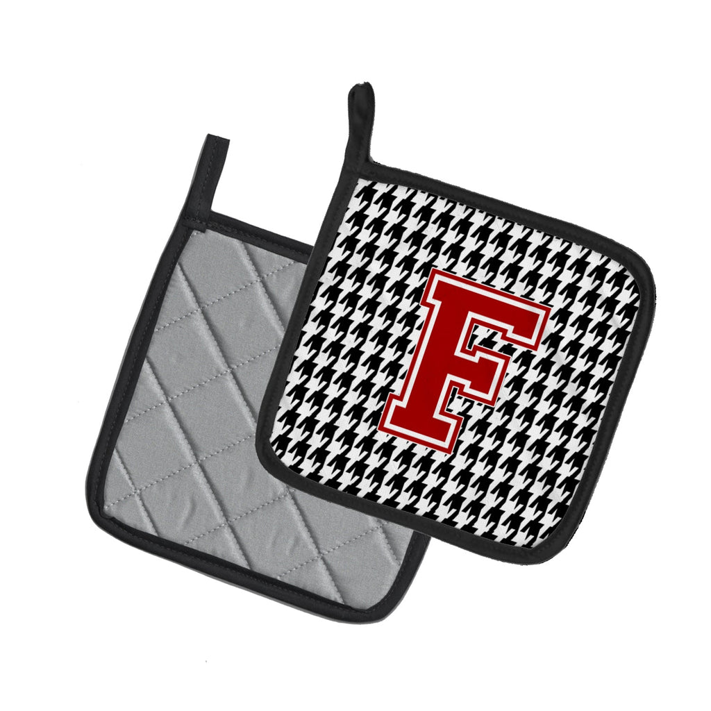 Letter F Monogram - Houndstooth Black Pot Holder Set of 2 Heat Resistant Quilted Hot Pads 7.5 x 7.5 Inch, Insulated Kitchen Trivets for Cooking & Baking