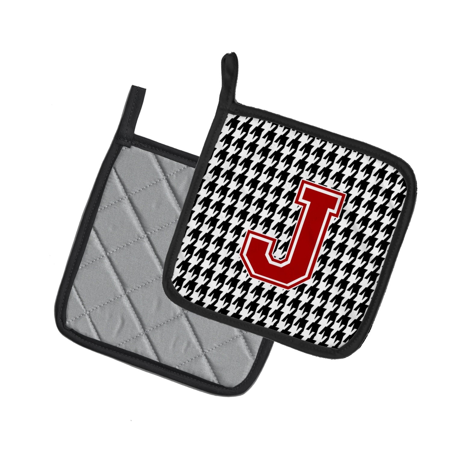 Letter J Monogram - Houndstooth Black Pot Holder Set of 2 Heat Resistant Quilted Hot Pads 7.5 x 7.5 Inch, Insulated Kitchen Trivets for Cooking & Baking