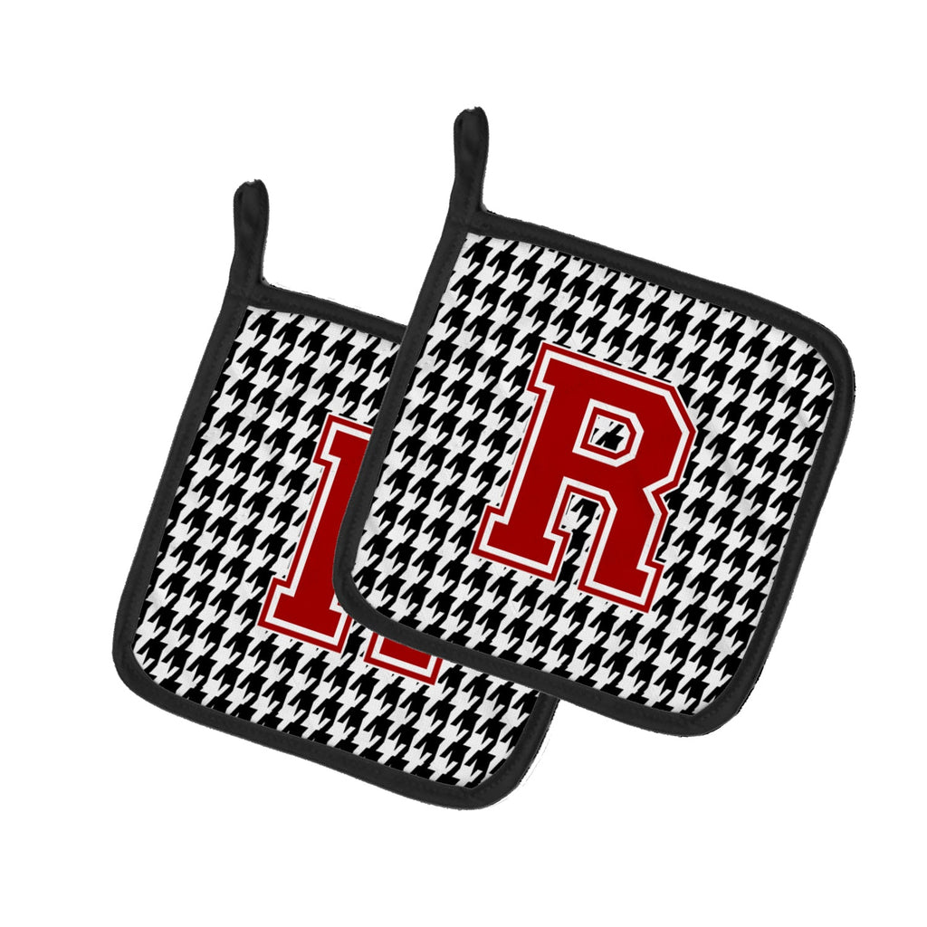 Letter R Monogram - Houndstooth Black Pot Holder Set of 2 Heat Resistant Quilted Hot Pads 7.5 x 7.5 Inch, Insulated Kitchen Trivets for Cooking & Baking