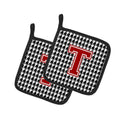 Letter T Monogram - Houndstooth Black Pot Holder Set of 2 Heat Resistant Quilted Hot Pads 7.5 x 7.5 Inch, Insulated Kitchen Trivets for Cooking & Baking