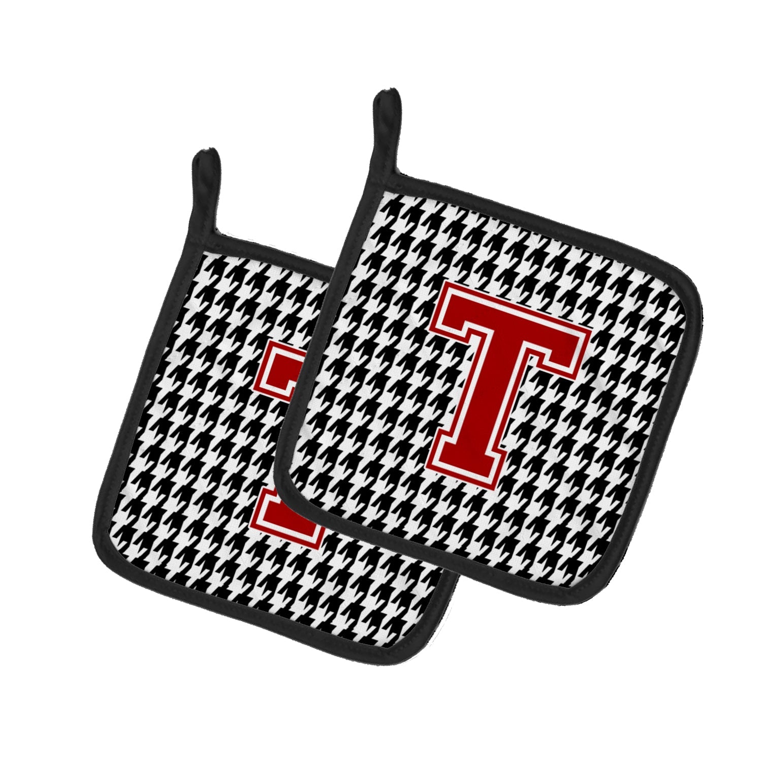 Letter T Monogram - Houndstooth Black Pot Holder Set of 2 Heat Resistant Quilted Hot Pads 7.5 x 7.5 Inch, Insulated Kitchen Trivets for Cooking & Baking