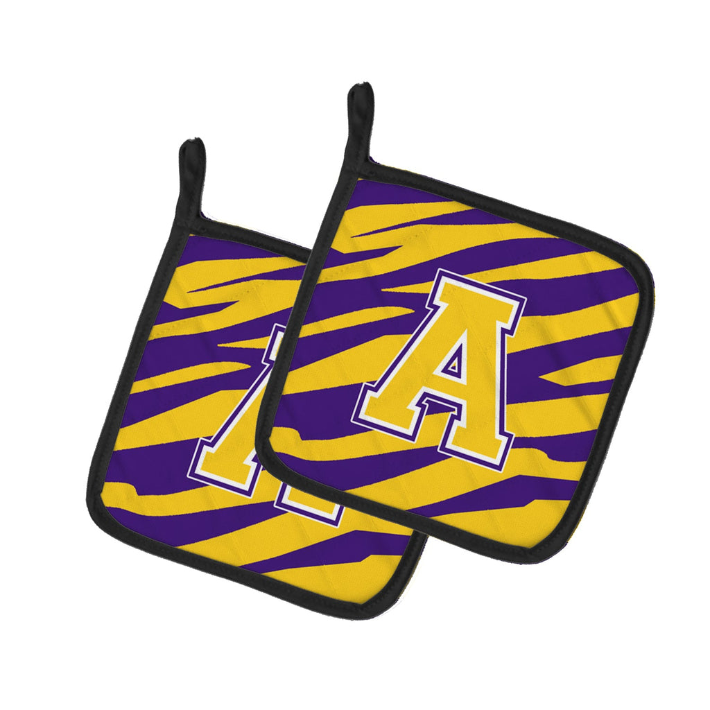 Letter A Monogram - Tiger Stripe - Purple Gold Pot Holder Set of 2 Heat Resistant Quilted Hot Pads 7.5 x 7.5 Inch, Insulated Kitchen Trivets for Cooking & Baking