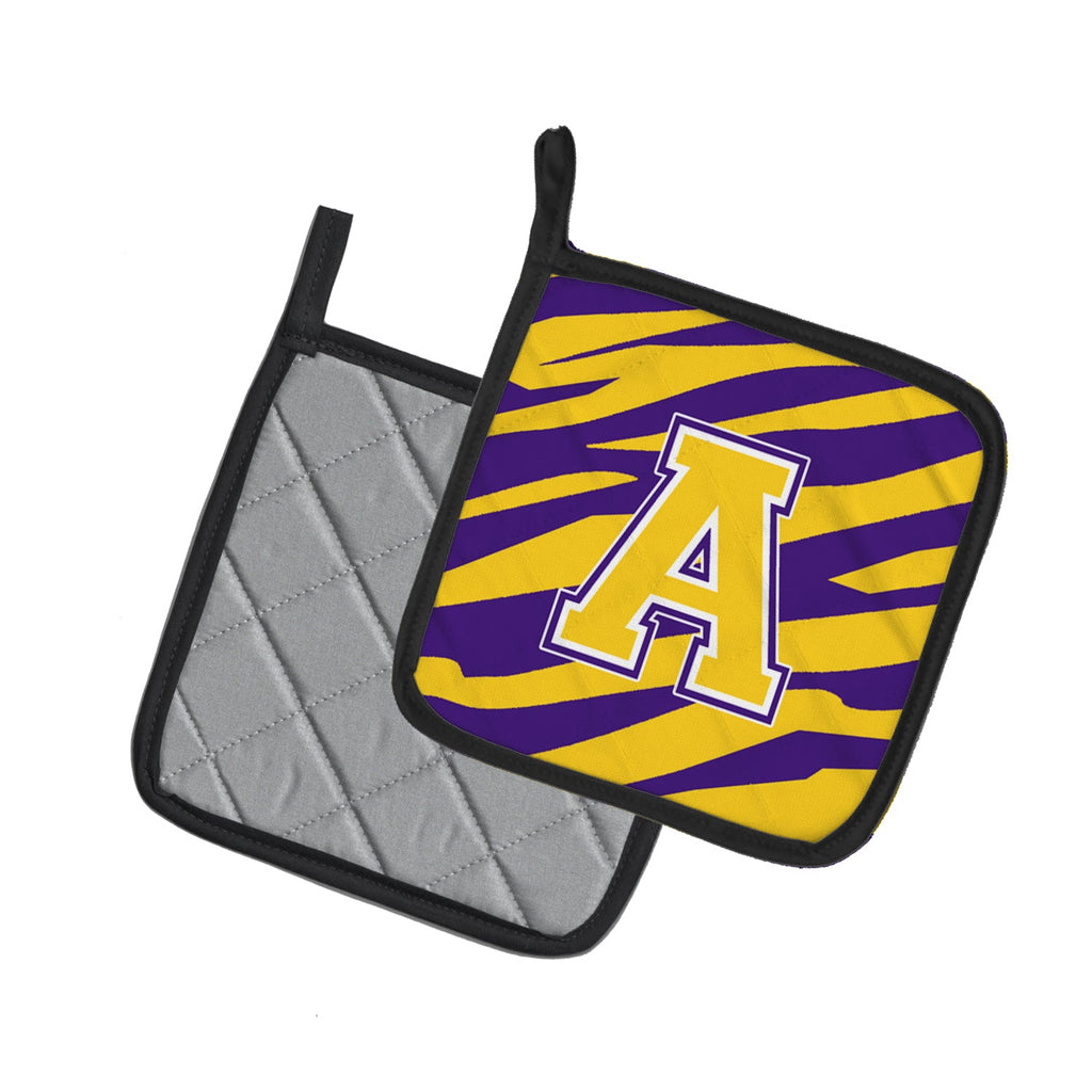 Letter A Monogram - Tiger Stripe - Purple Gold Pot Holder Set of 2 Heat Resistant Quilted Hot Pads 7.5 x 7.5 Inch, Insulated Kitchen Trivets for Cooking & Baking