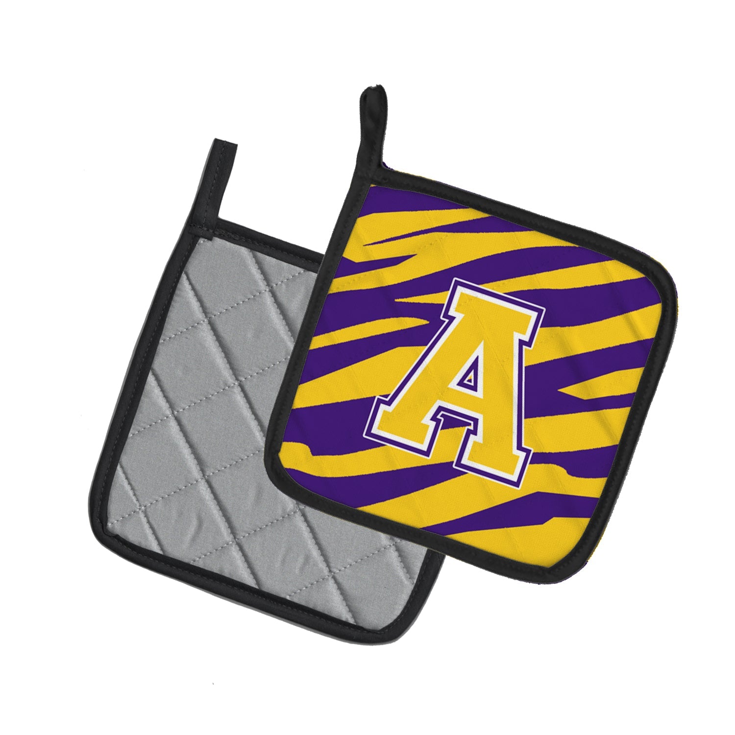 Letter A Monogram - Tiger Stripe - Purple Gold Pot Holder Set of 2 Heat Resistant Quilted Hot Pads 7.5 x 7.5 Inch, Insulated Kitchen Trivets for Cooking & Baking