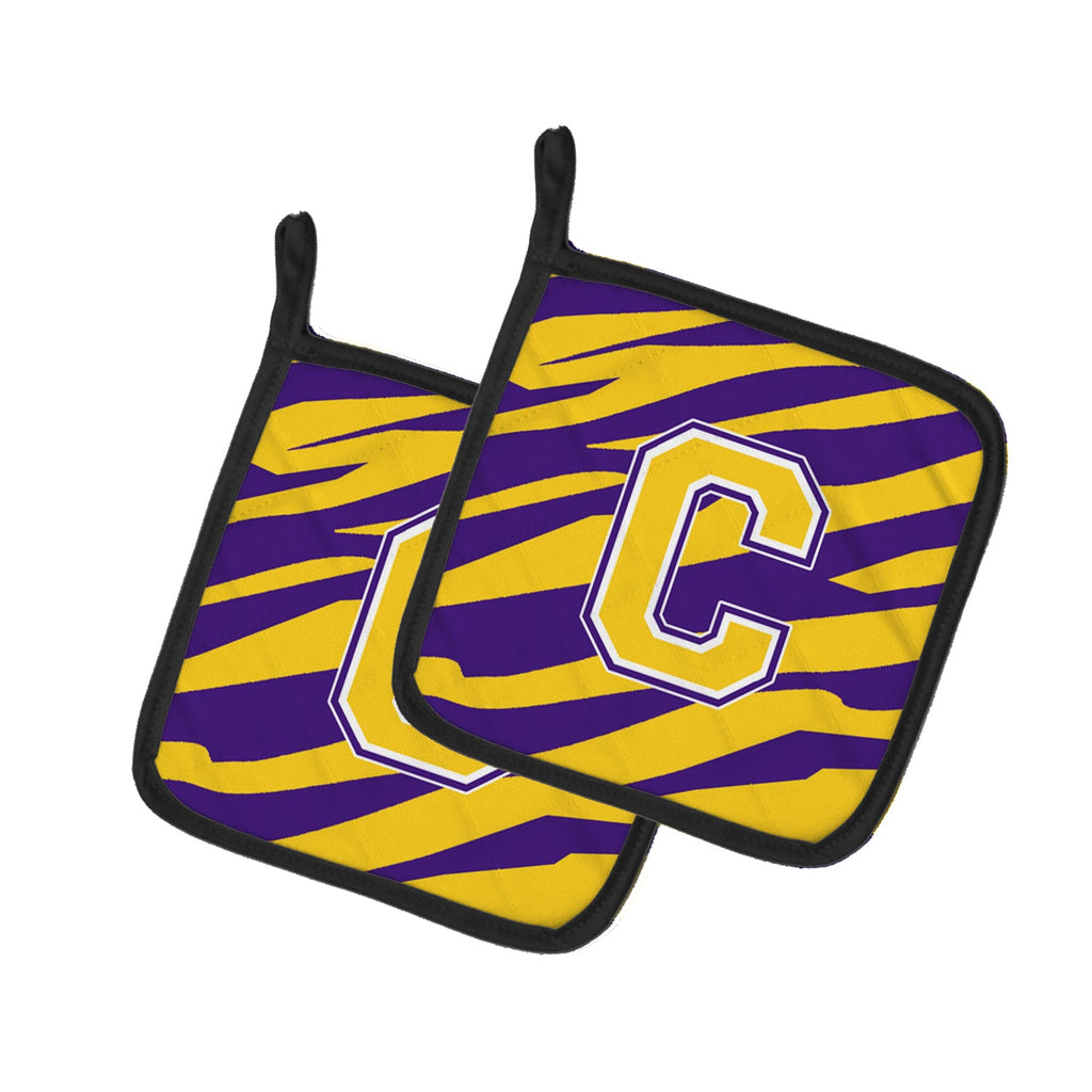 Letter C Monogram - Tiger Stripe - Purple Gold Pot Holder Set of 2 Heat Resistant Quilted Hot Pads 7.5 x 7.5 Inch, Insulated Kitchen Trivets for Cooking & Baking