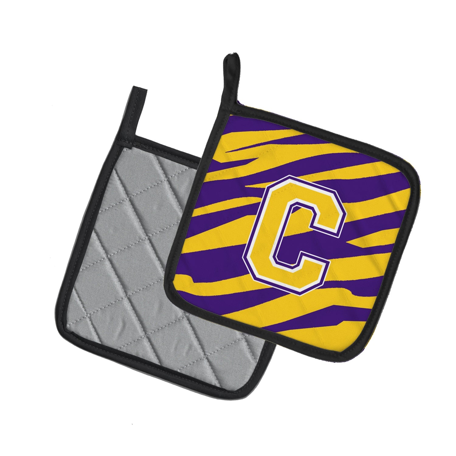 Letter C Monogram - Tiger Stripe - Purple Gold Pot Holder Set of 2 Heat Resistant Quilted Hot Pads 7.5 x 7.5 Inch, Insulated Kitchen Trivets for Cooking & Baking