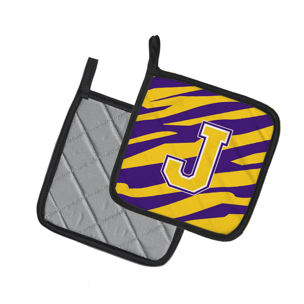 Letter J Monogram - Tiger Stripe - Purple Gold Pot Holder Set of 2 Heat Resistant Quilted Hot Pads 7.5 x 7.5 Inch, Insulated Kitchen Trivets for Cooking & Baking