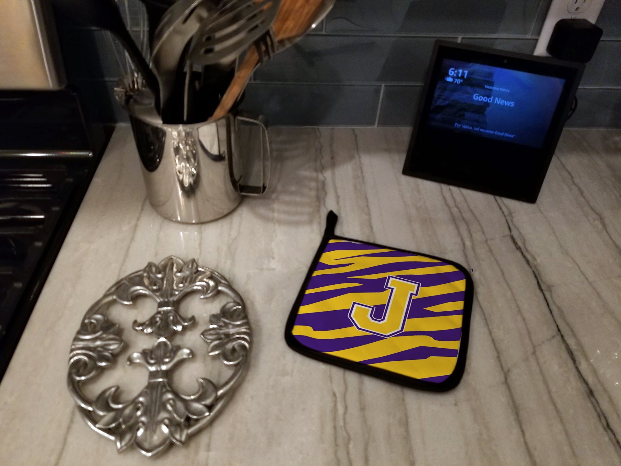 Letter J Monogram - Tiger Stripe - Purple Gold Pot Holder Set of 2 Heat Resistant Quilted Hot Pads 7.5 x 7.5 Inch, Insulated Kitchen Trivets for Cooking & Baking