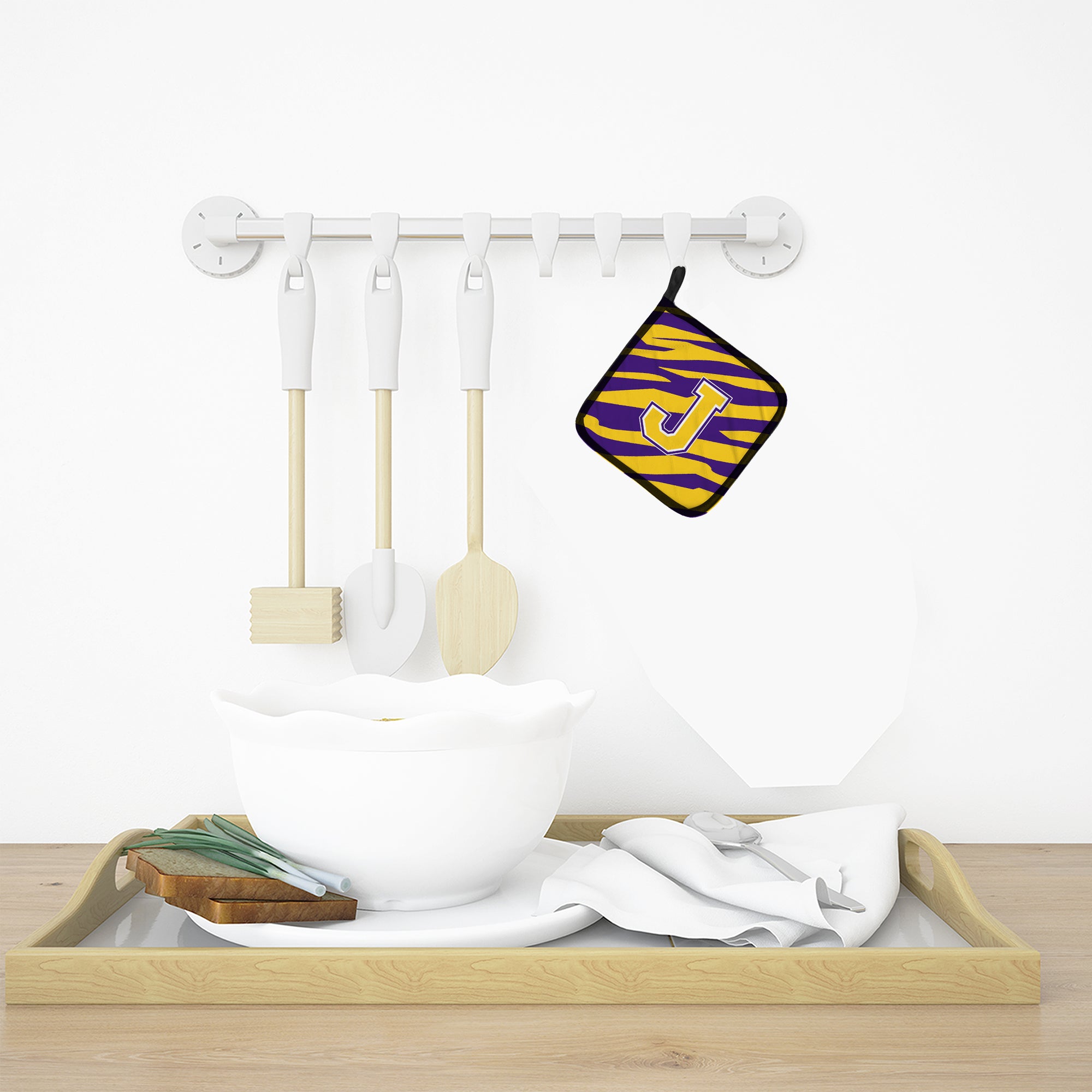 Letter J Monogram - Tiger Stripe - Purple Gold Pot Holder Set of 2 Heat Resistant Quilted Hot Pads 7.5 x 7.5 Inch, Insulated Kitchen Trivets for Cooking & Baking