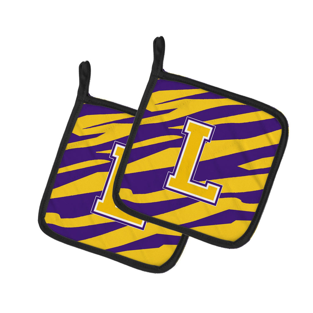Letter L Monogram - Tiger Stripe - Purple Gold Pot Holder Set of 2 Heat Resistant Quilted Hot Pads 7.5 x 7.5 Inch, Insulated Kitchen Trivets for Cooking & Baking