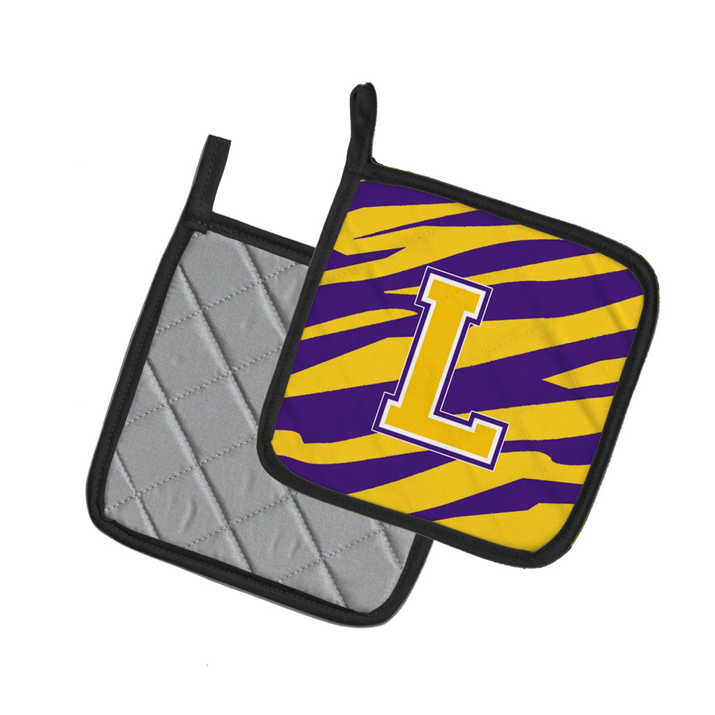 Letter L Monogram - Tiger Stripe - Purple Gold Pot Holder Set of 2 Heat Resistant Quilted Hot Pads 7.5 x 7.5 Inch, Insulated Kitchen Trivets for Cooking & Baking