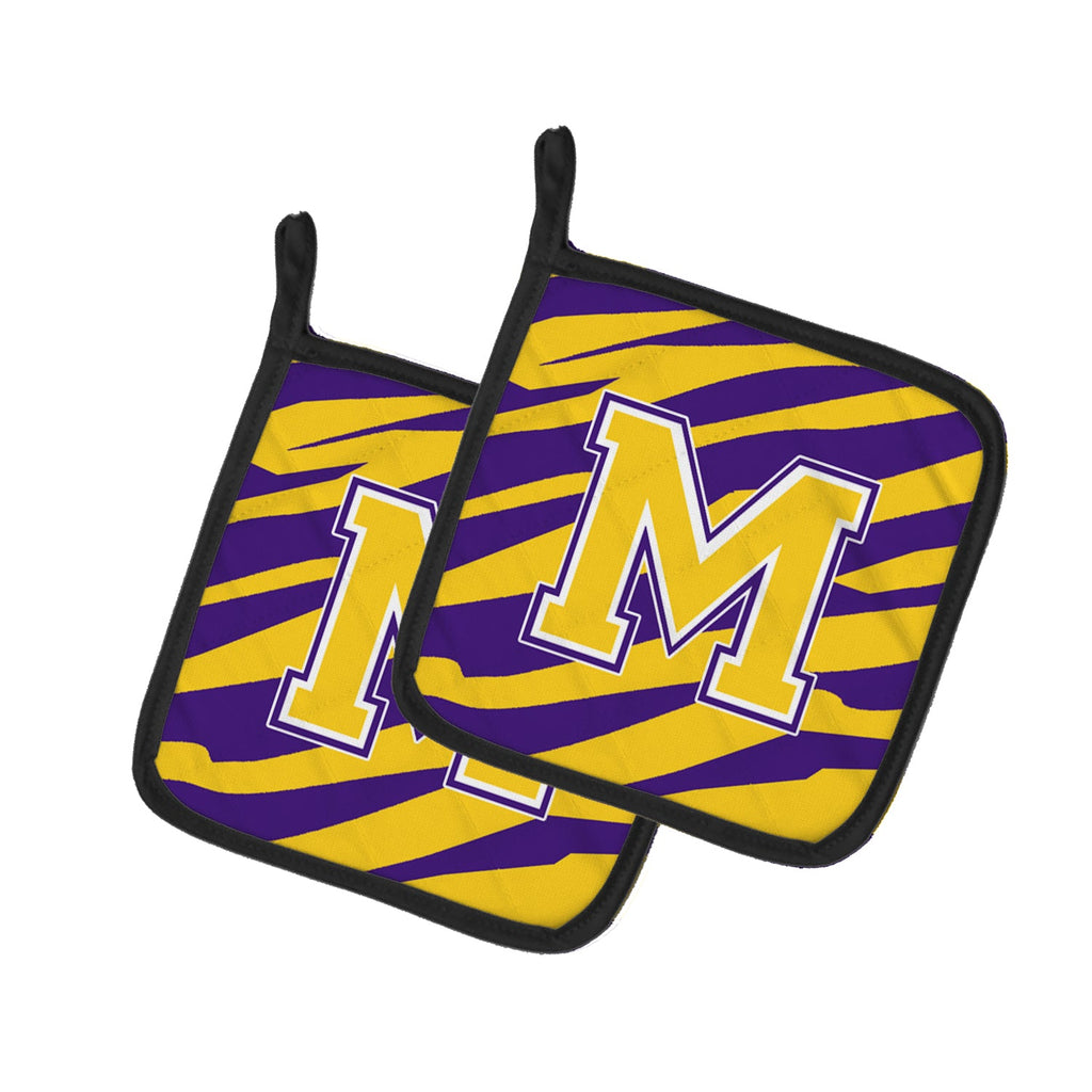 Letter M Monogram - Tiger Stripe - Purple Gold Pot Holder Set of 2 Heat Resistant Quilted Hot Pads 7.5 x 7.5 Inch, Insulated Kitchen Trivets for Cooking & Baking
