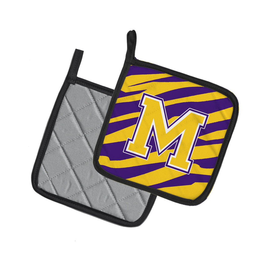 Letter M Monogram - Tiger Stripe - Purple Gold Pot Holder Set of 2 Heat Resistant Quilted Hot Pads 7.5 x 7.5 Inch, Insulated Kitchen Trivets for Cooking & Baking