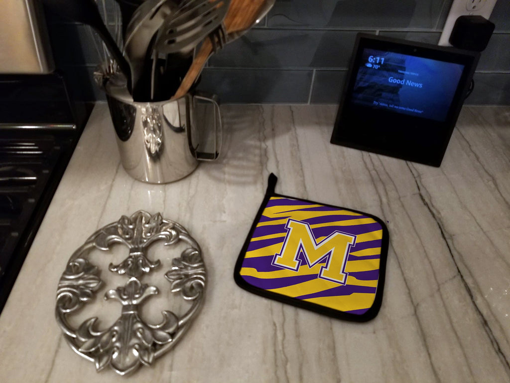 Letter M Monogram - Tiger Stripe - Purple Gold Pot Holder Set of 2 Heat Resistant Quilted Hot Pads 7.5 x 7.5 Inch, Insulated Kitchen Trivets for Cooking & Baking