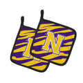 Letter N Monogram - Tiger Stripe - Purple Gold Pot Holder Set of 2 Heat Resistant Quilted Hot Pads 7.5 x 7.5 Inch, Insulated Kitchen Trivets for Cooking & Baking