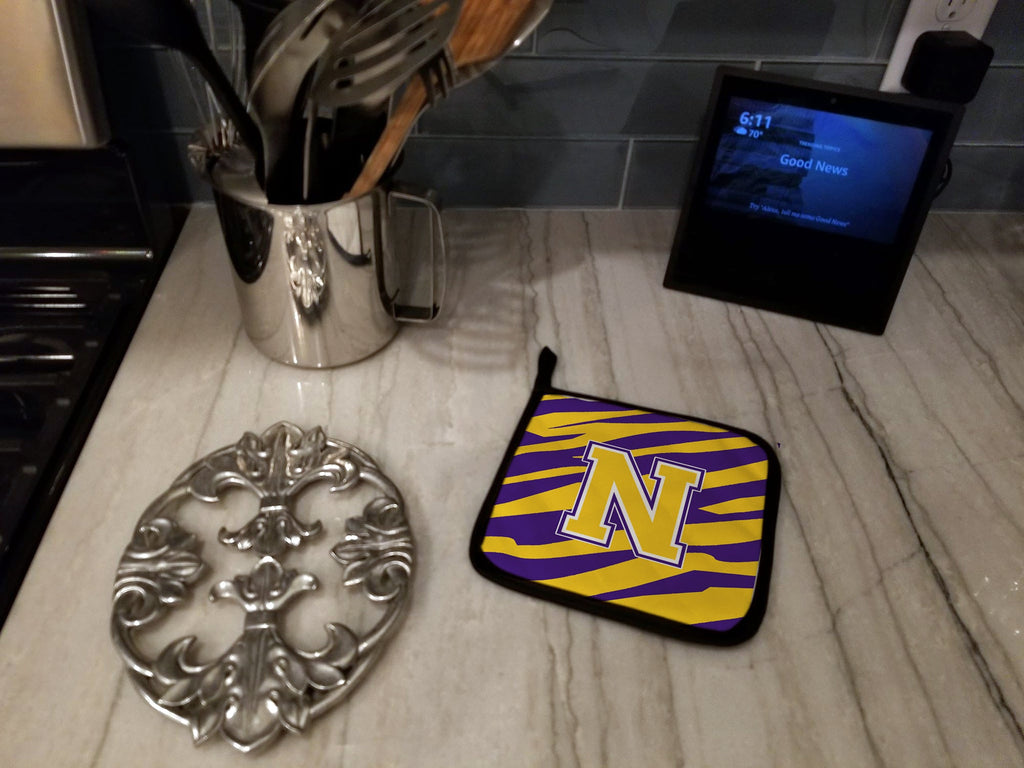 Letter N Monogram - Tiger Stripe - Purple Gold Pot Holder Set of 2 Heat Resistant Quilted Hot Pads 7.5 x 7.5 Inch, Insulated Kitchen Trivets for Cooking & Baking