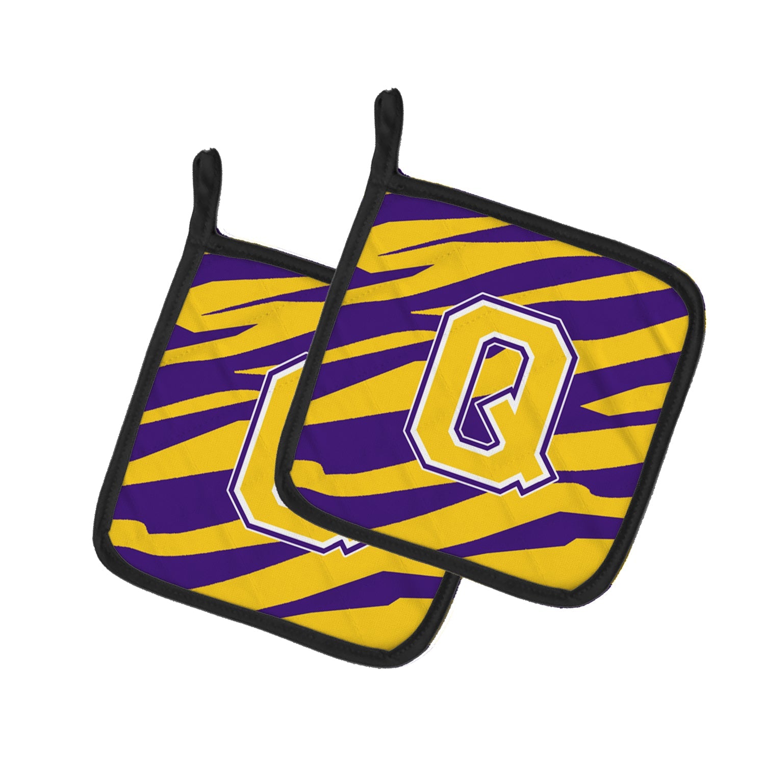 Letter Q Monogram - Tiger Stripe - Purple Gold Pot Holder Set of 2 Heat Resistant Quilted Hot Pads 7.5 x 7.5 Inch, Insulated Kitchen Trivets for Cooking & Baking