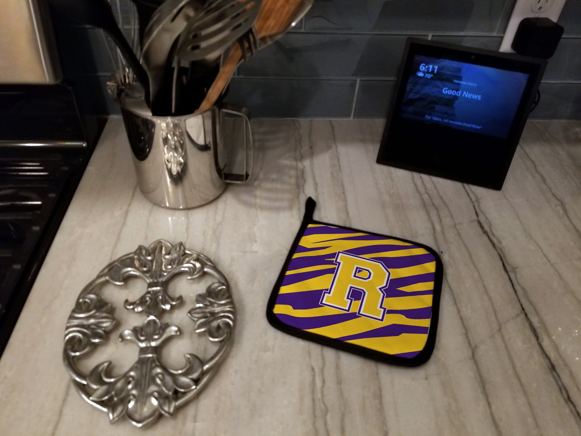 Letter R Monogram - Tiger Stripe - Purple Gold Pot Holder Set of 2 Heat Resistant Quilted Hot Pads 7.5 x 7.5 Inch, Insulated Kitchen Trivets for Cooking & Baking